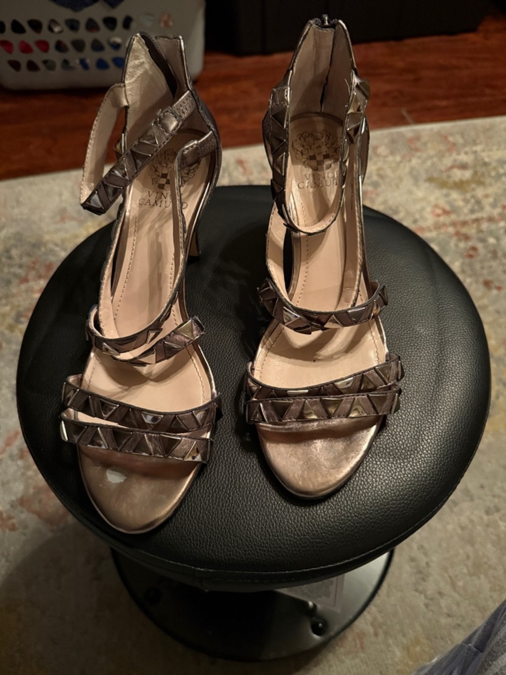 Vince Camuto Metallic Bronze Studded Ankle-Strap Heels